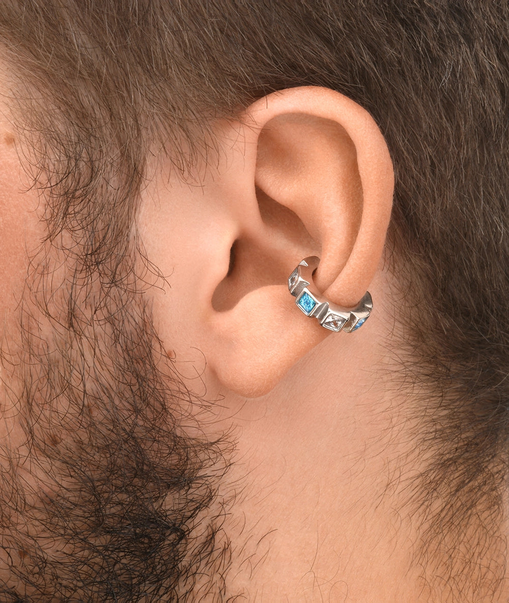 Ear cuff argenté et zirconiums bleus et blancs Dibba L S