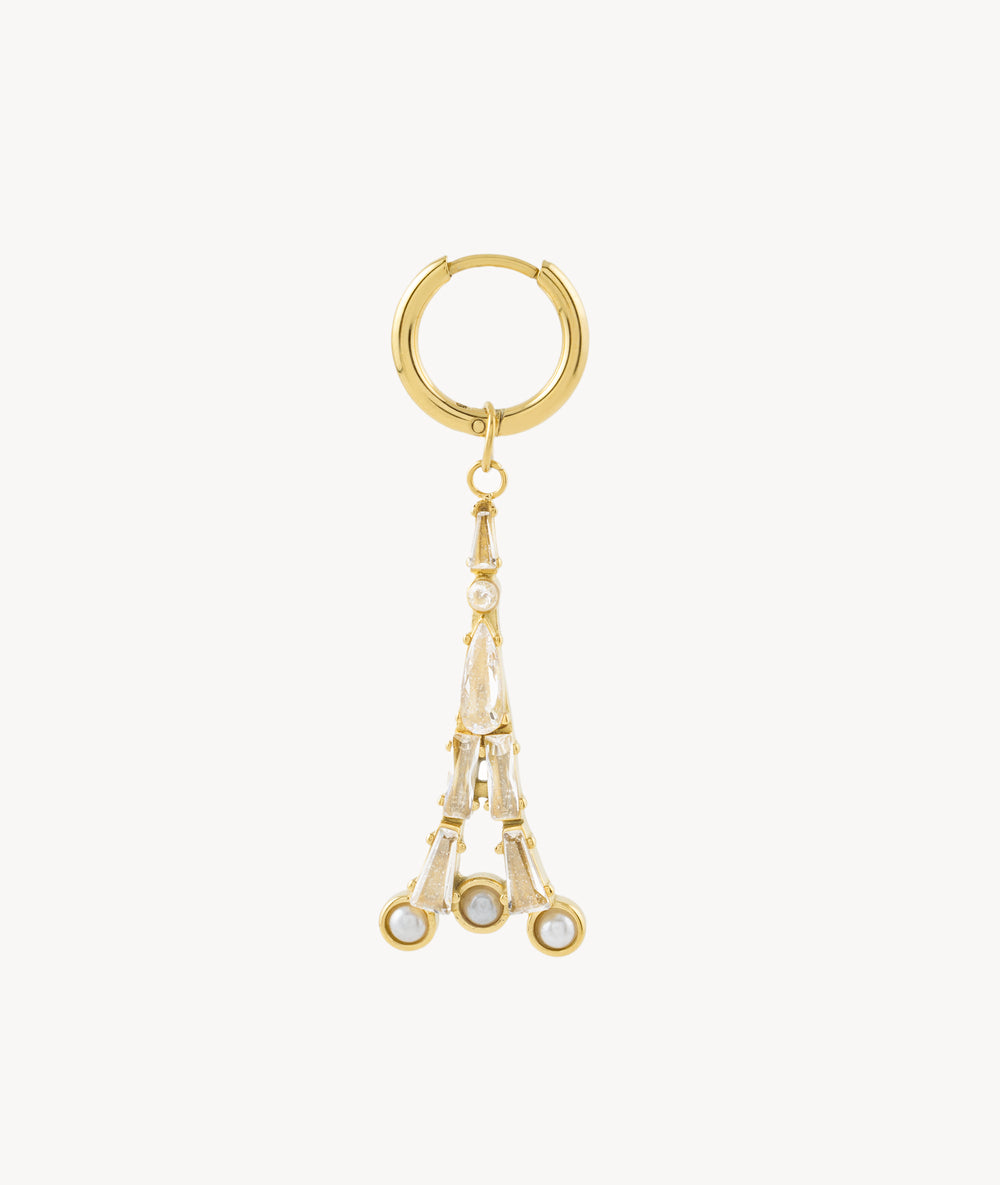 Boucle d'oreille Tour Eiffel pendante dorée, zirconiums et perles Darcy G