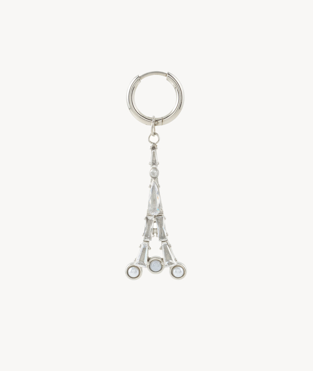 Boucle d'oreille Tour Eiffel pendante argentée, zirconiums et perles Darcy S