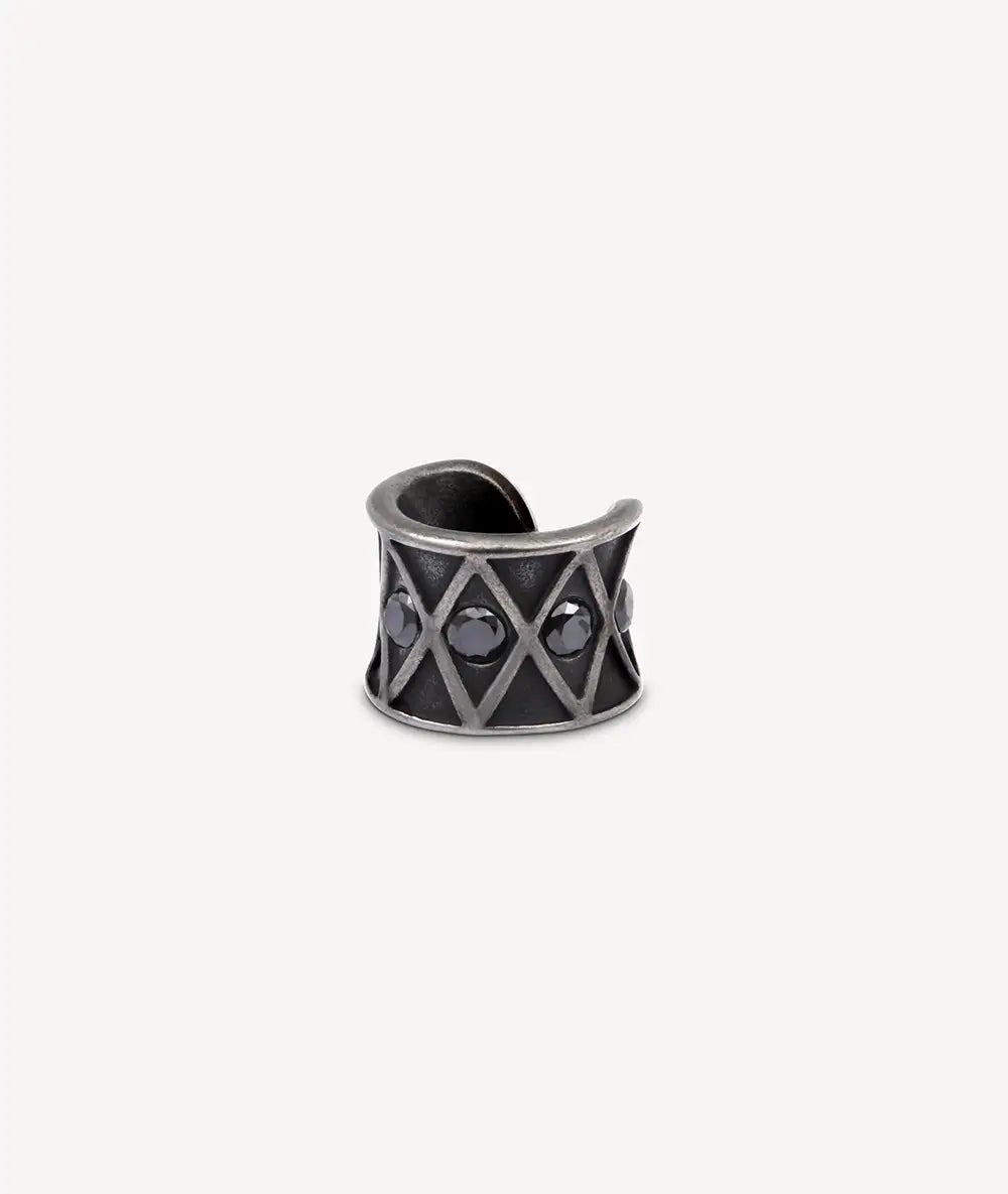 Silver ear cuff with black zircons, vintage effect, KURO L VS