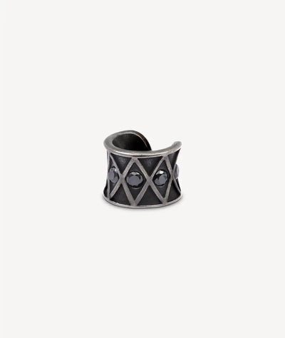 Silver ear cuff with black zircons, vintage effect, KURO L VS - YParis