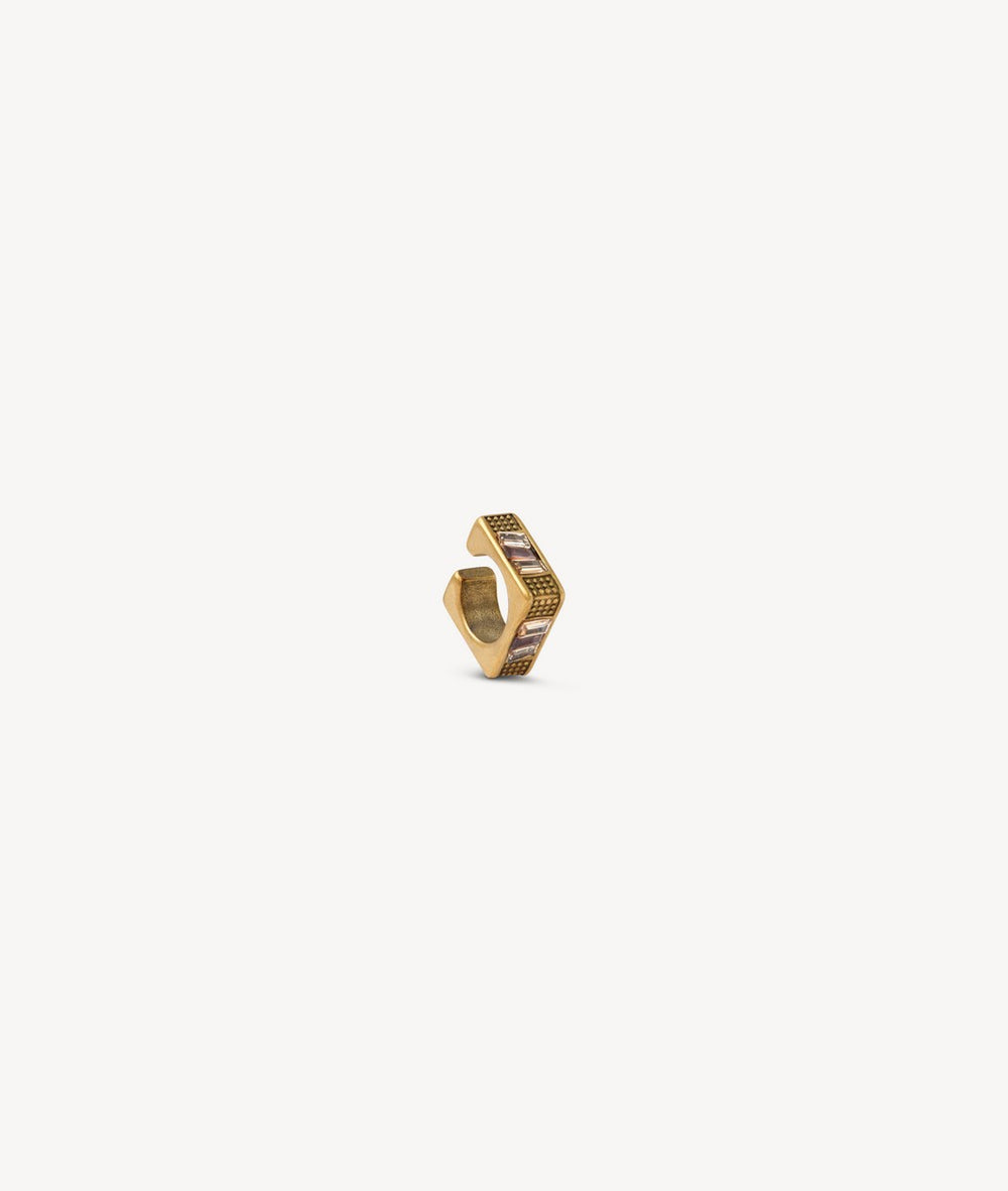 Square gold ear cuff with brown and white cubic zirconia, vintage effect, SHINSEI VG