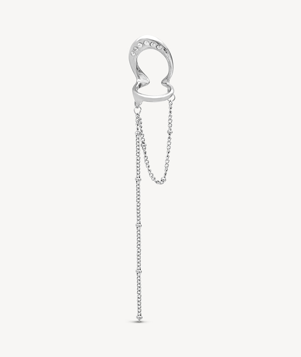 Ear cuff double argenté avec chaîne pendante et zirconiums blancs LUNAR S