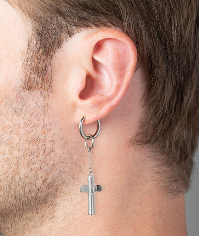 Boucle d'oreille pendante croix argentée Punk S - YParis