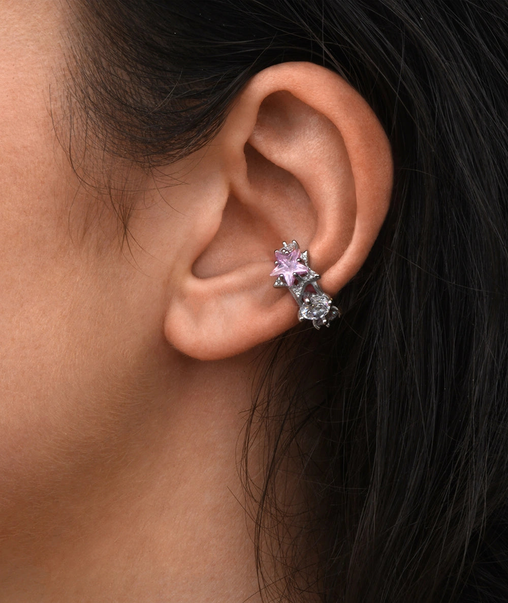Ear cuff argenté et zircon rose étoile KOTORI POP S