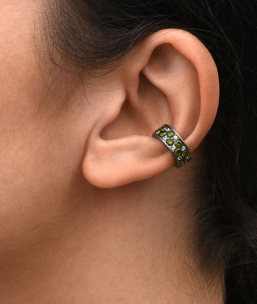 Ear cuff argenté et zirconiums verts et jaunes effet vintage GEMMA VS 3,5mm