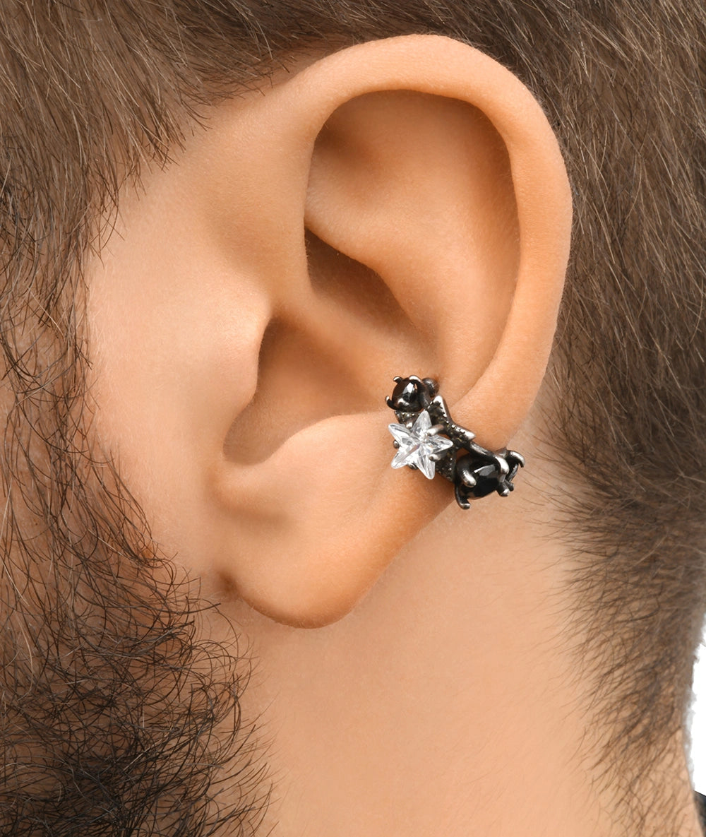Silver ear cuff with vintage-effect star-shaped zircons KOTORI VS
