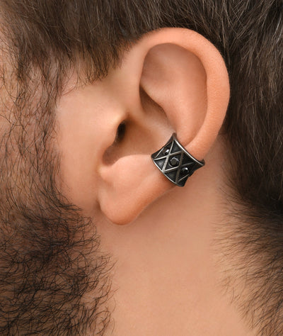 Silver ear cuff with black zircons, vintage effect, KURO L VS - YParis