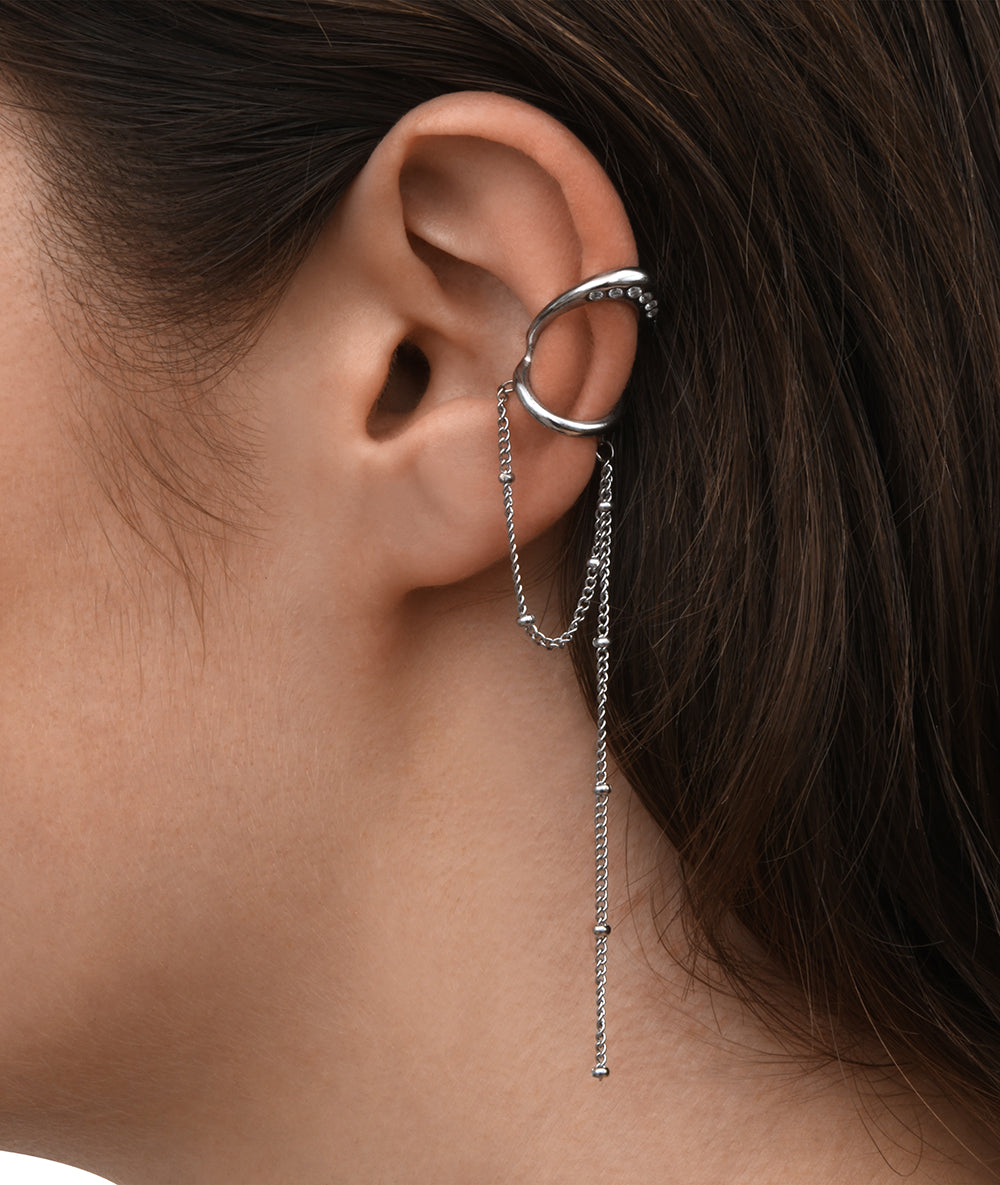 Ear cuff double argenté avec chaîne pendante et zirconiums blancs LUNAR S