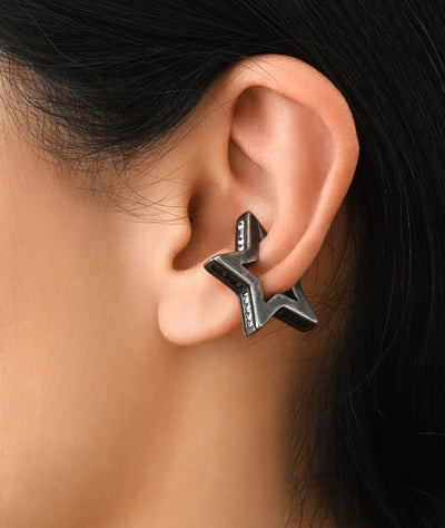 Ear cuff étoile argenté et zirconiums noirs et blancs effet vintage ROKU VS - YParis