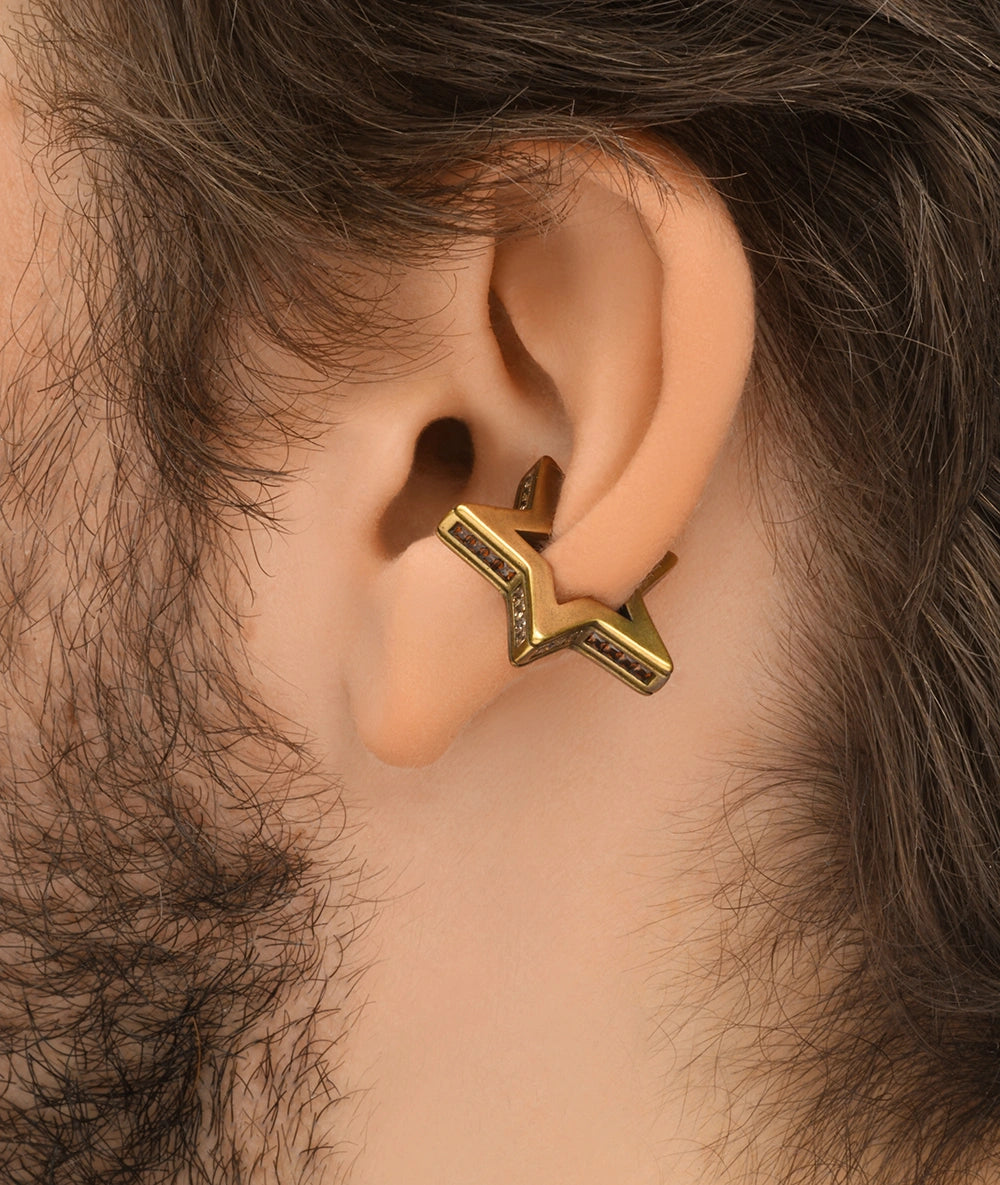 Gold star ear cuff with brown and white cubic zirconia, vintage effect, ROKU VG