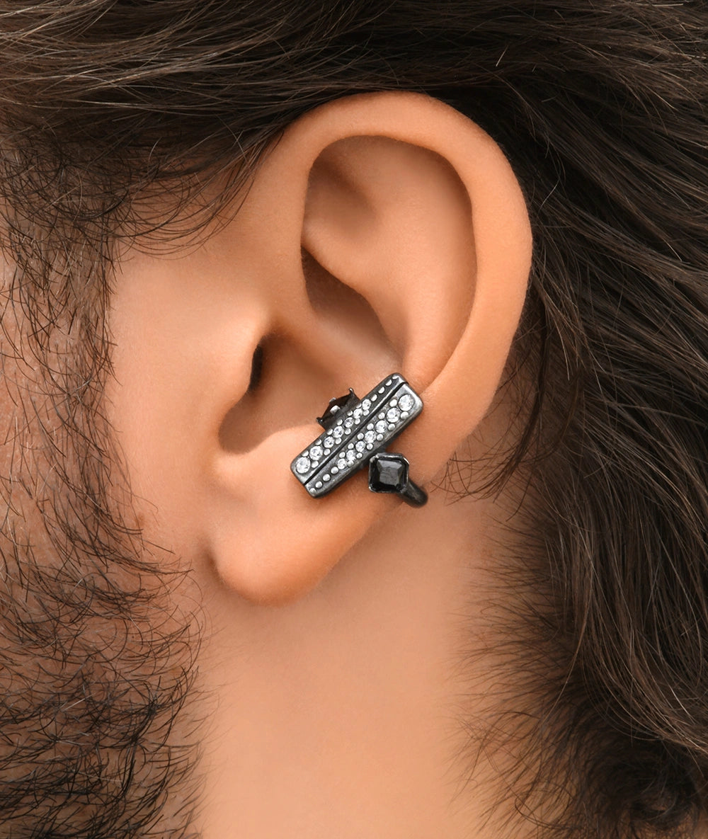 KIBA VS Geometric Silver Ear Cuff with Black and White Zirconia Vintage Effect
