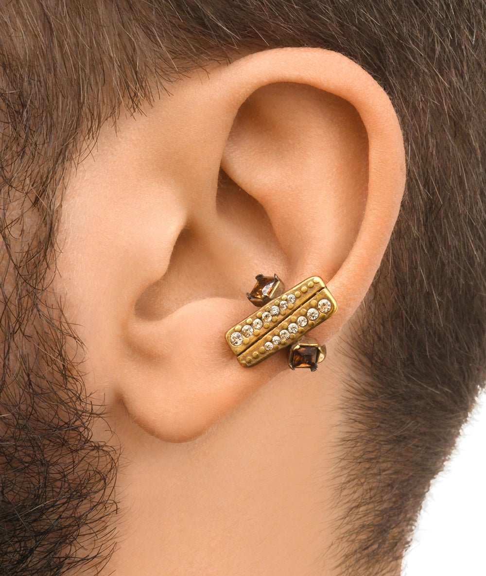 KIBA VG Vintage-Effect Geometric Gold Ear Cuff with Brown and Champagne Zirconia