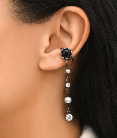 Ear cuff pendant argenté et zirconiums noirs effet vintage DENRAI VS - YParis
