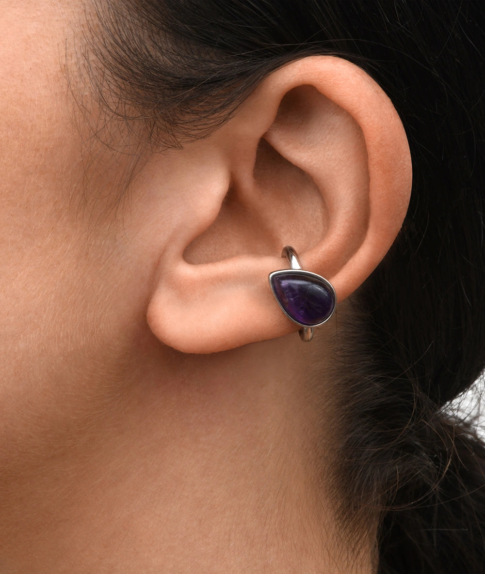 Ear cuff rond argenté avec pierre naturelle améthyste ASTA S