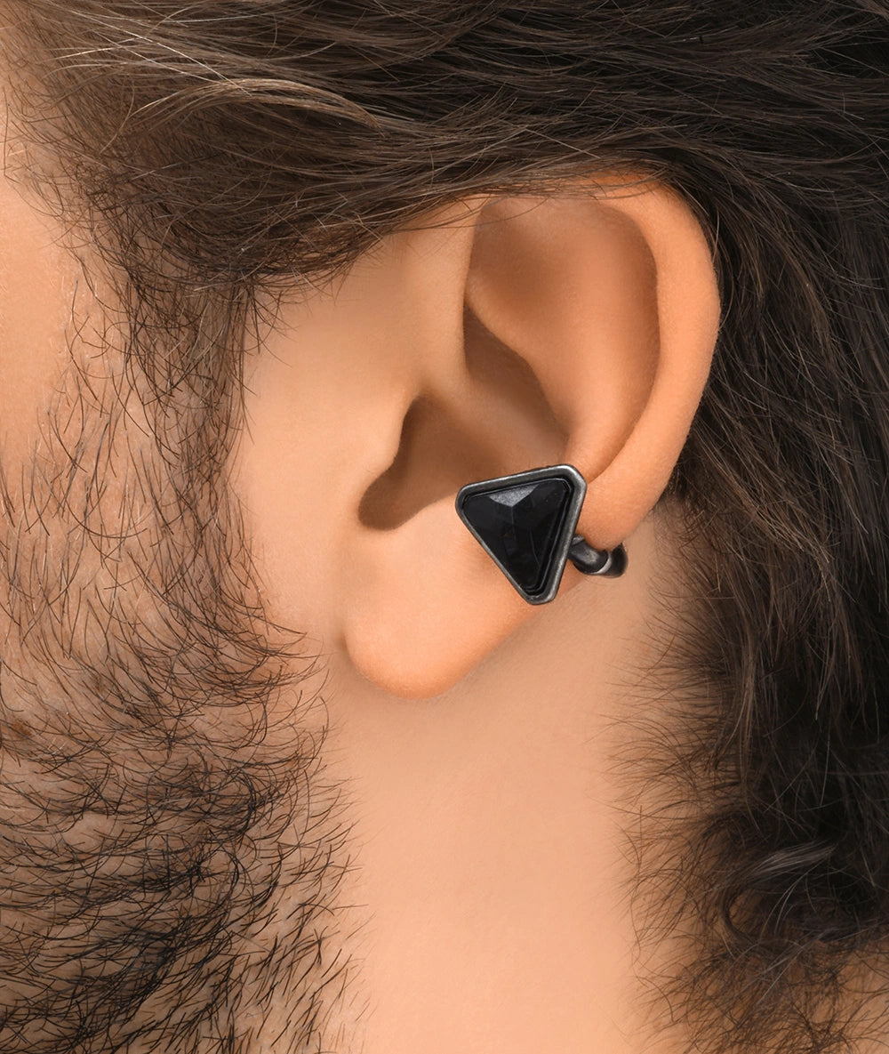 Ear cuff rond argenté avec zirconium noir effet vintage ARASHI VS A