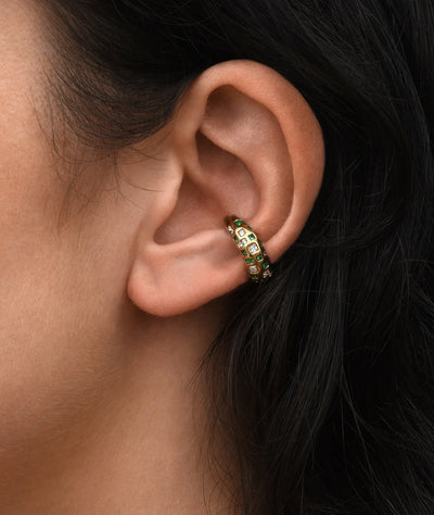 Ear cuff rond doré avec zircons verts et blancs RETSU POP G - YParis