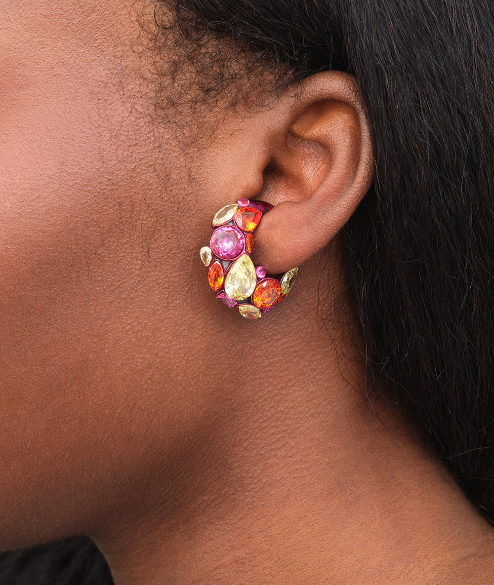 Ear cuff rose fuschia zircons oranges et verts Dahlia P