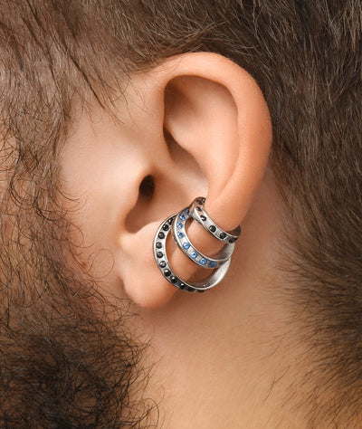 Ear cuff triple argenté et zirconiums bleus et noirs YAZ S - YParis