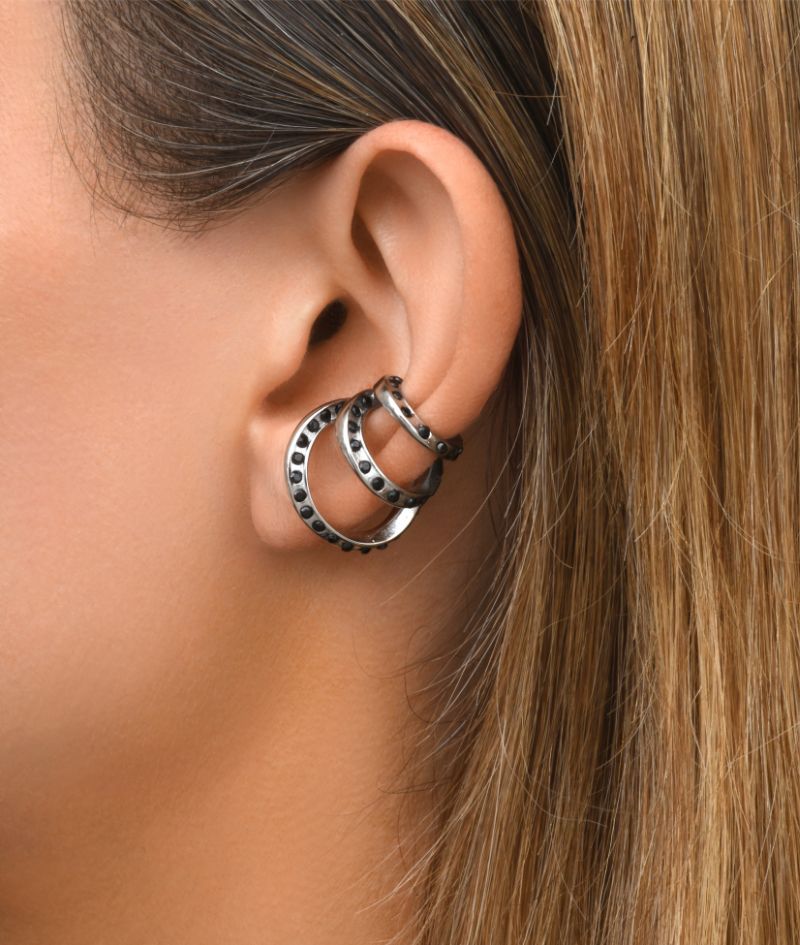 Ear cuff triple argenté et zirconiums noirs Ridley Star S B