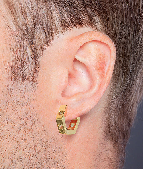 Boucle d'oreille créole forme géométrique perforée dorée Hexa Trash G