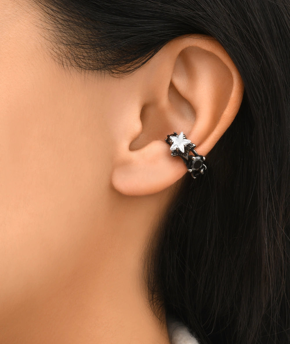 Silver ear cuff with vintage-effect star-shaped zircons KOTORI VS