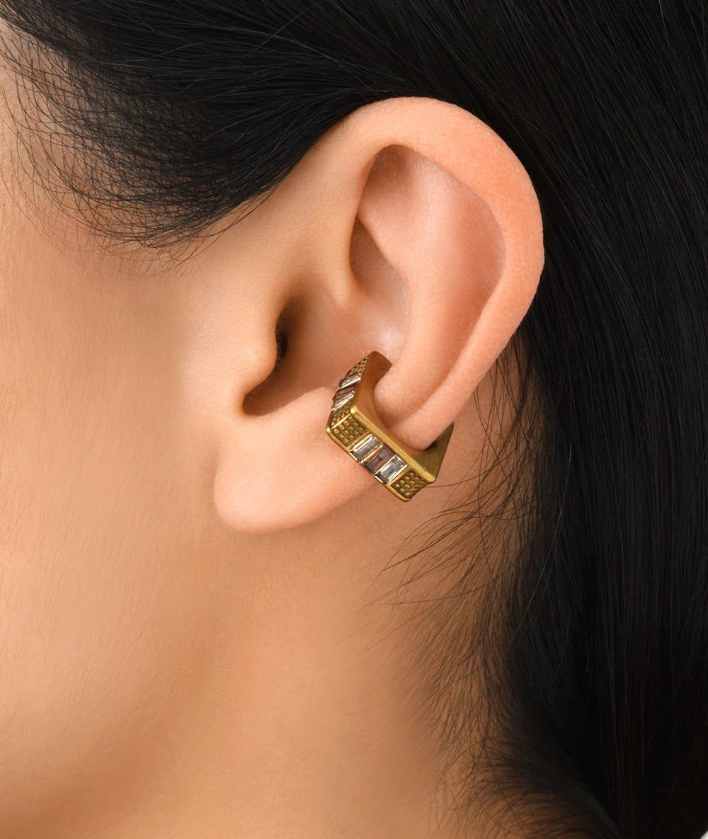 Square gold ear cuff with brown and white cubic zirconia, vintage effect, SHINSEI VG