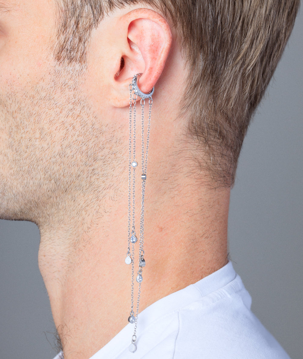 Ear cuff chaînes pendantes argenté et zirconiums Colby S
