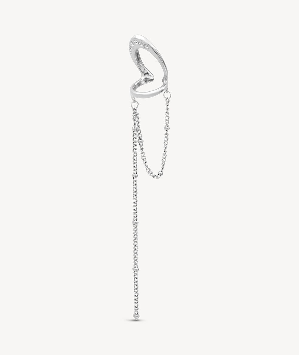 Ear cuff double argenté avec chaîne pendante et zirconiums blancs LUNAR S