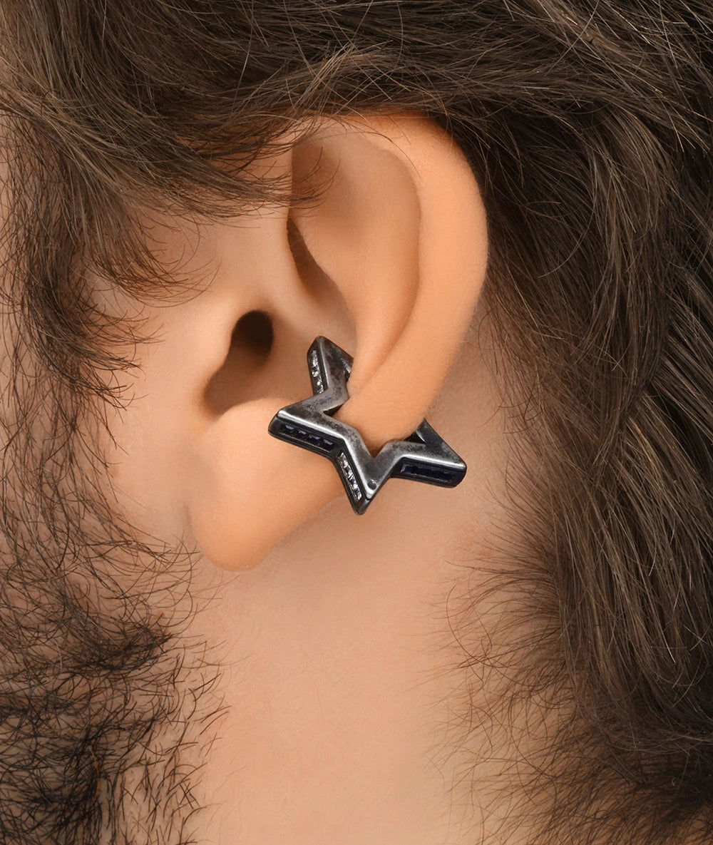 Silver star ear cuff with black and white zirconia for a vintage effect, ROKU VS