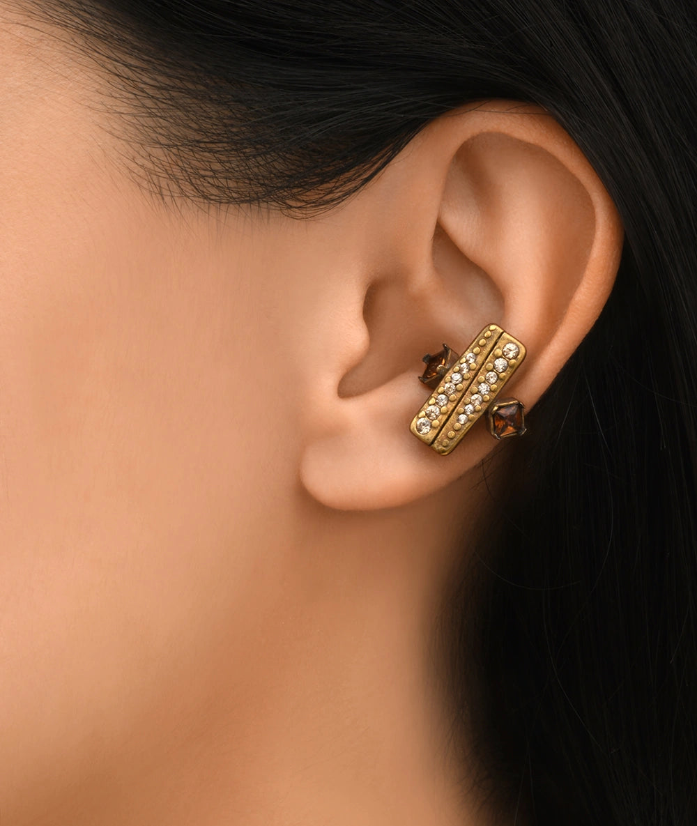 KIBA VG Vintage-Effect Geometric Gold Ear Cuff with Brown and Champagne Zirconia