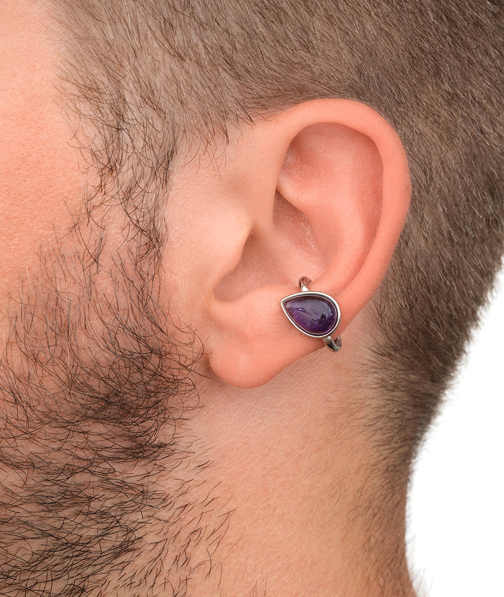 Ear cuff rond argenté avec pierre naturelle améthyste ASTA S