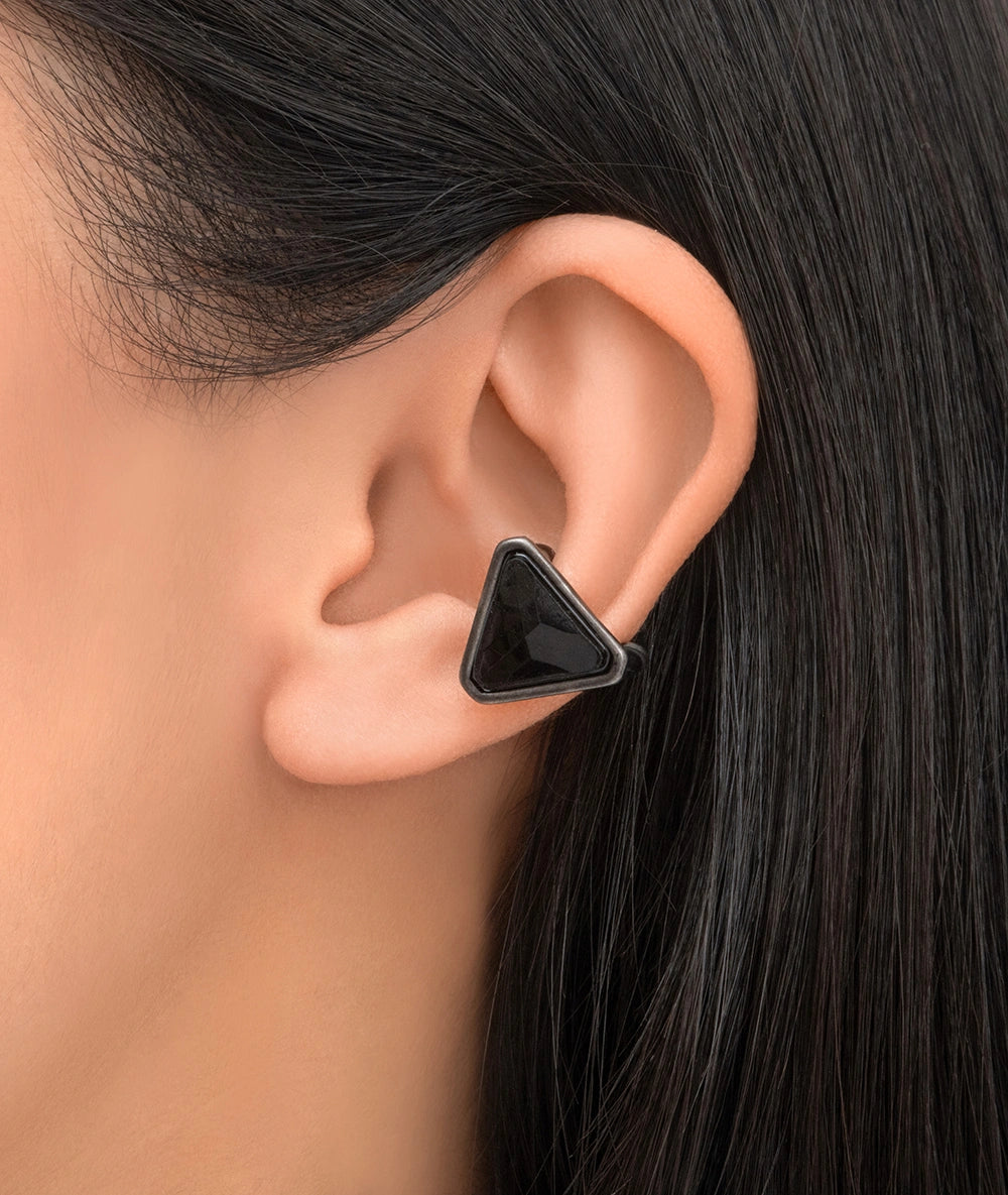 Ear cuff rond argenté avec zirconium noir effet vintage ARASHI VS A