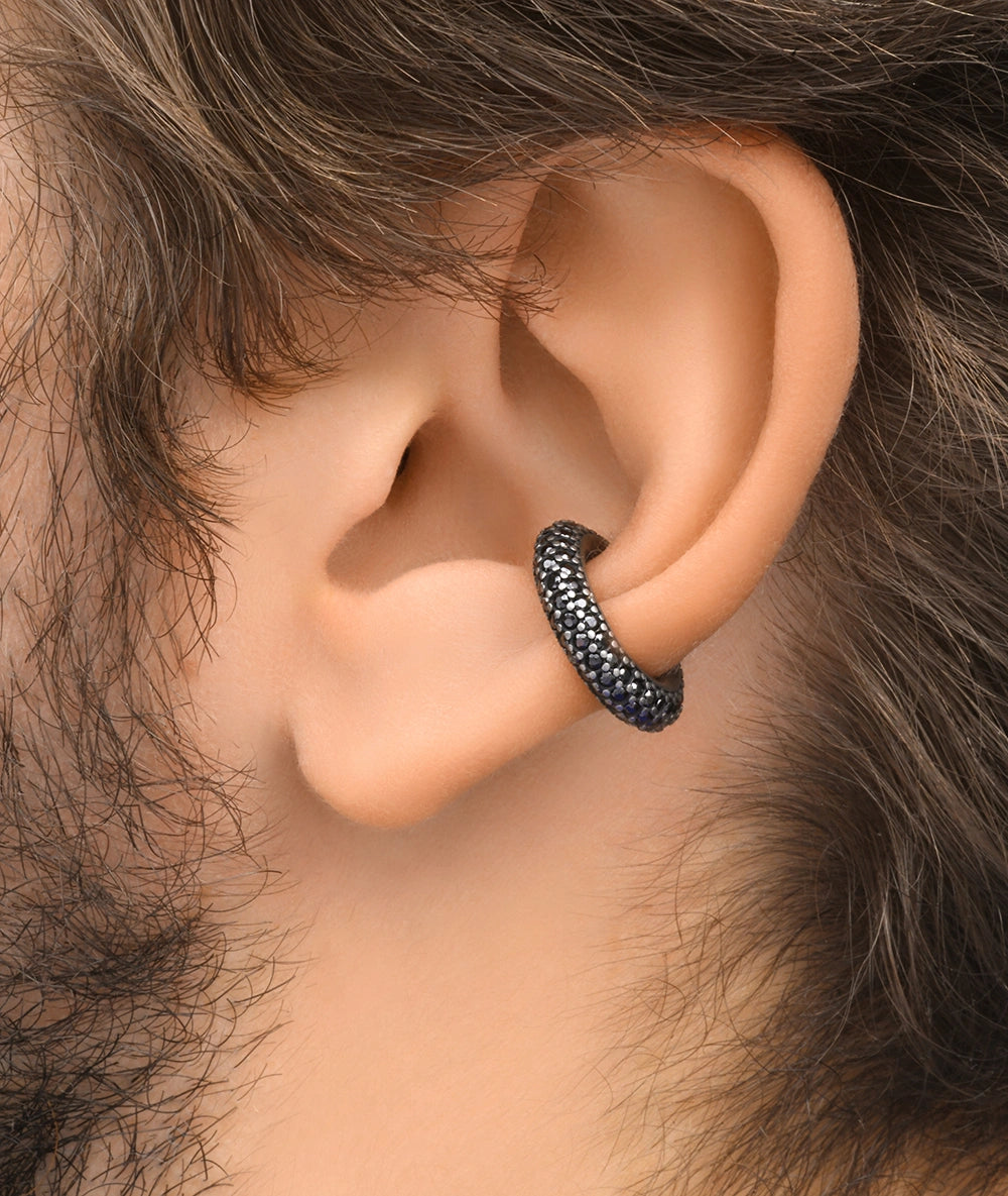 Round silver ear cuff with black zircons, vintage effect, ECHO VS