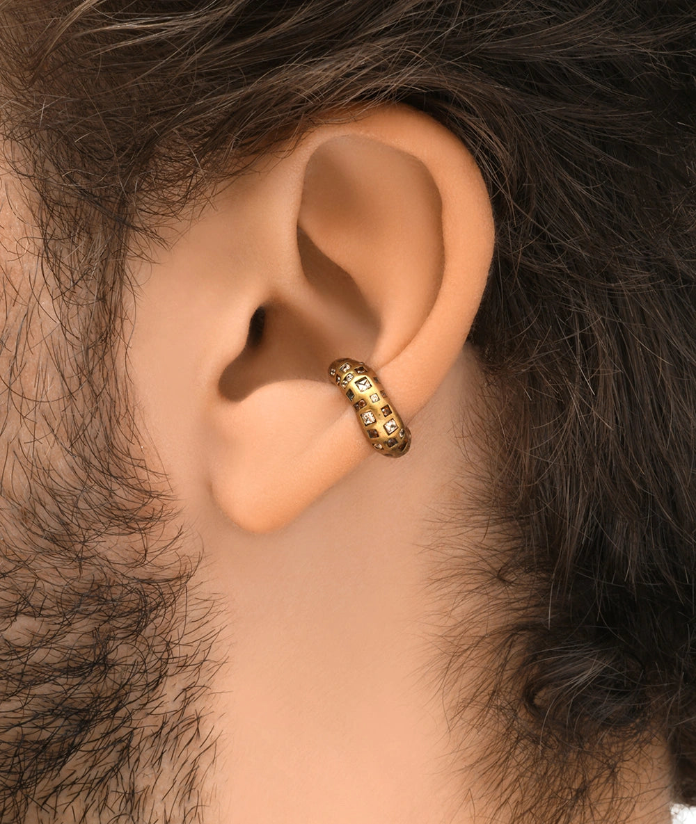 Round gold ear cuff with brown and champagne zirconia, vintage effect, RETSU VG
