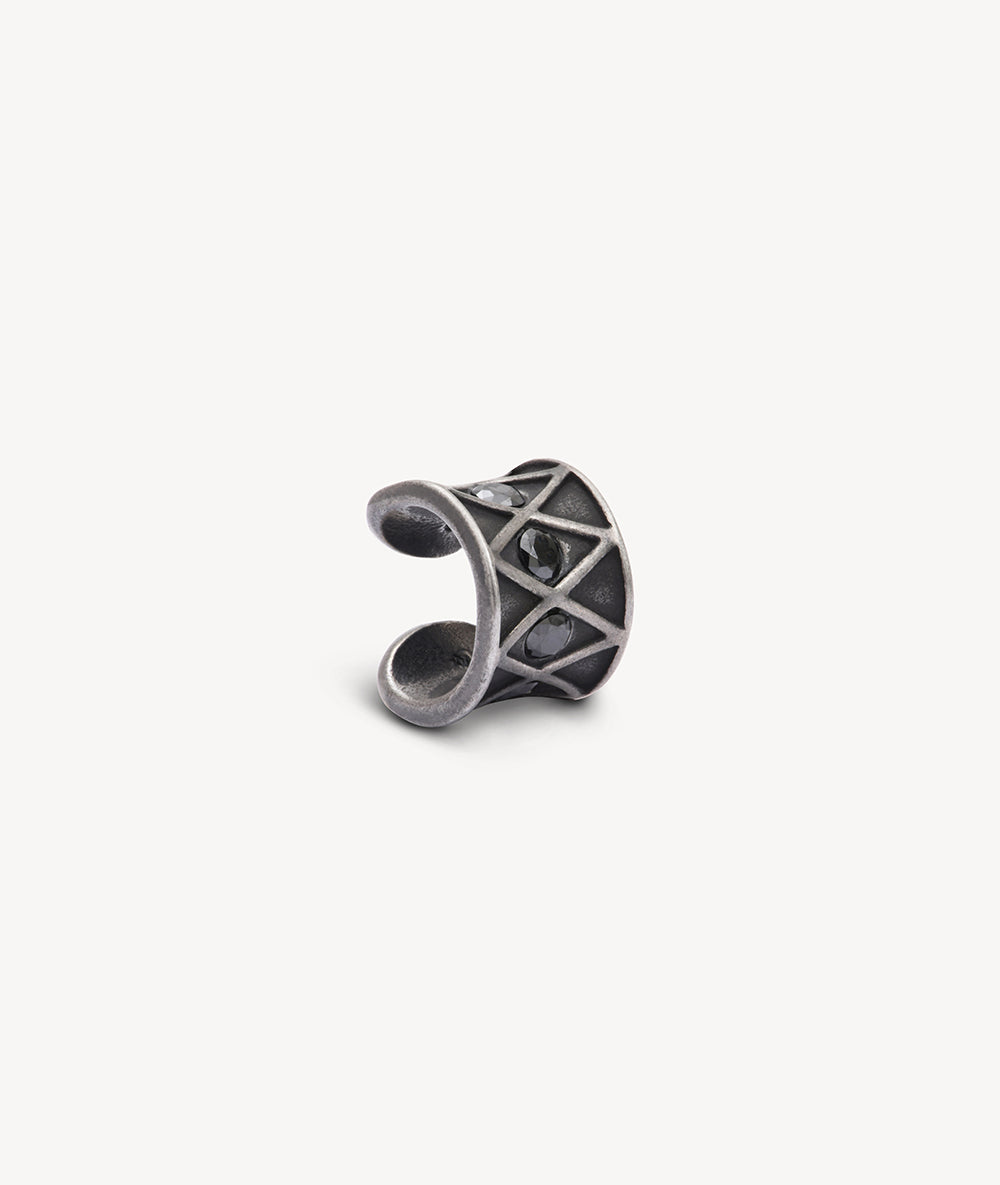 Silver ear cuff with black zircons, vintage effect, KURO L VS