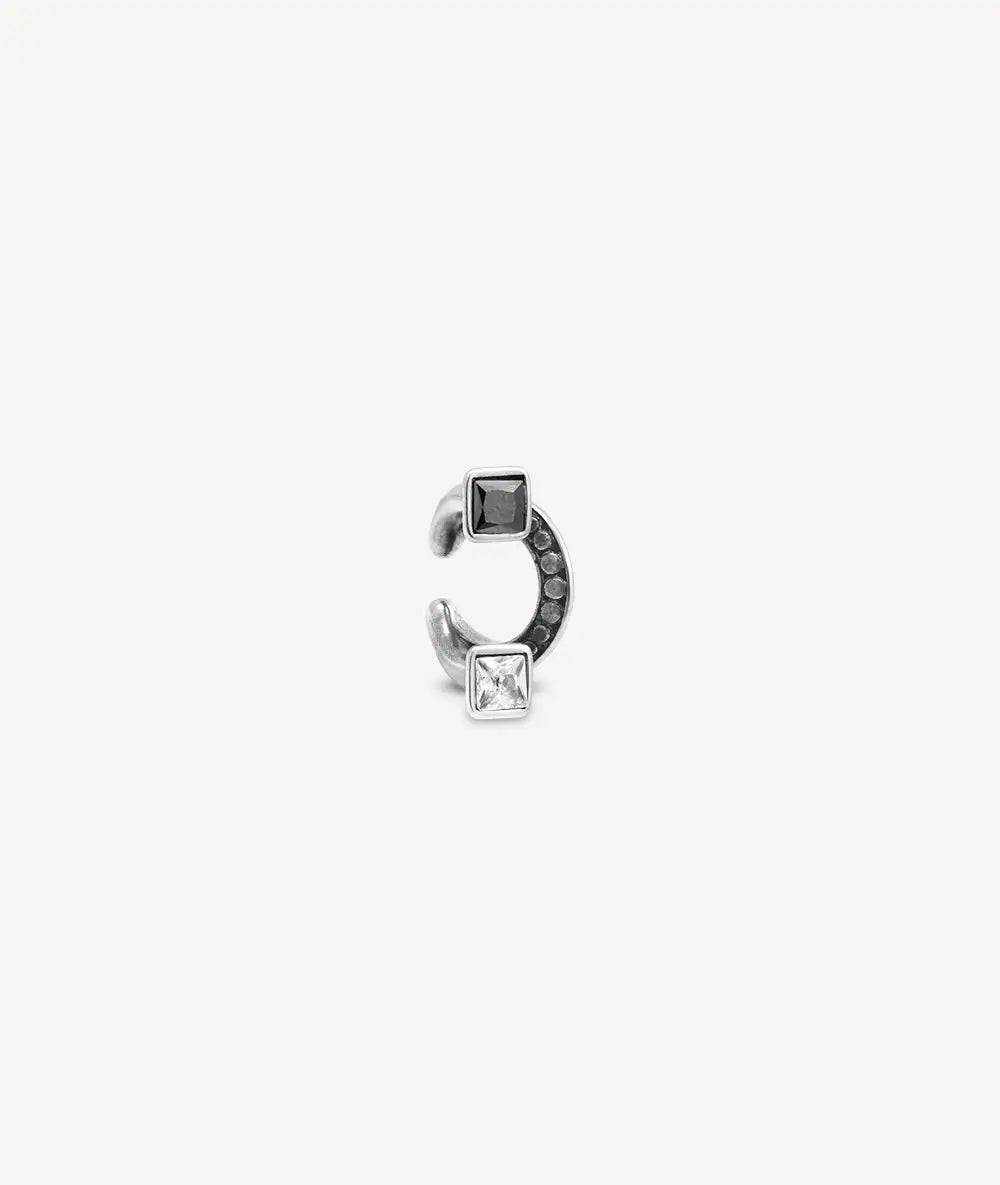 Round silver ear cuff with black and white cubic zirconia for a vintage effect, BURAI VS