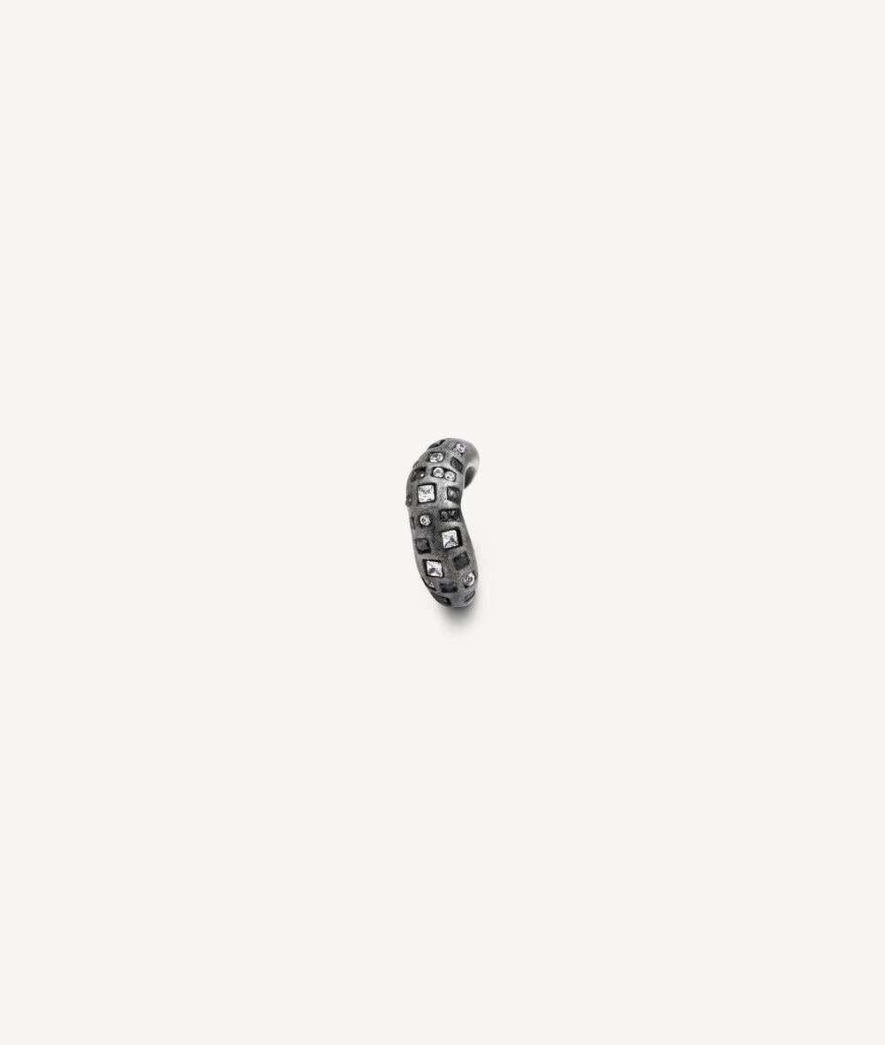 Round silver ear cuff with black and white zircons, vintage effect, RETSU VS