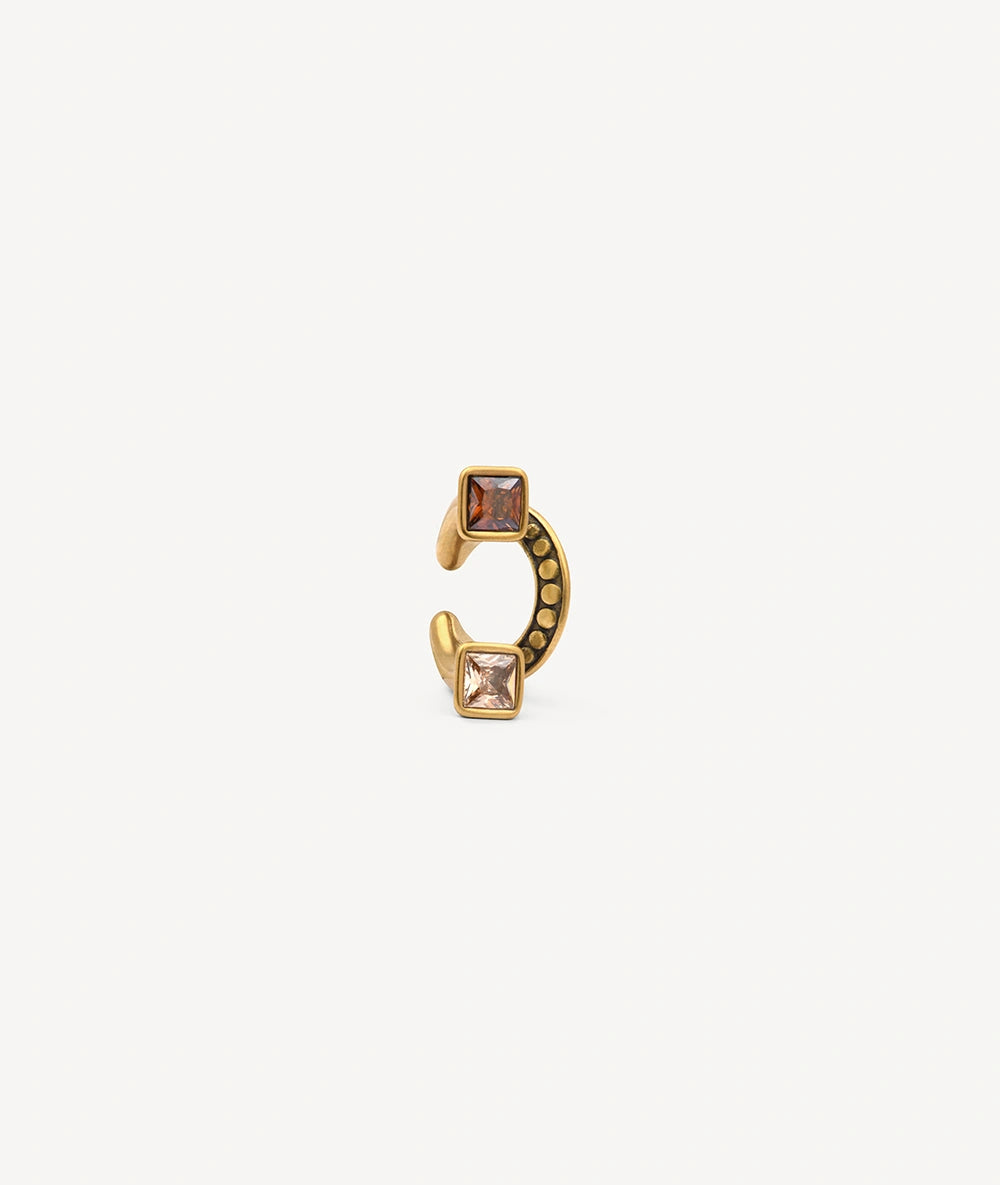 Round gold ear cuff with brown and champagne-colored vintage-effect zirconia stones, BURAI VG
