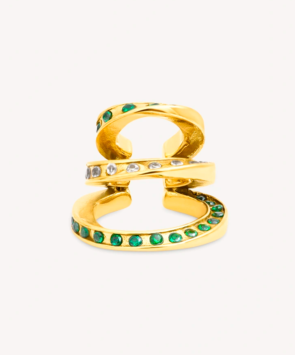 Ear cuff triple doré et zirconiums verts et blanc YAZ G