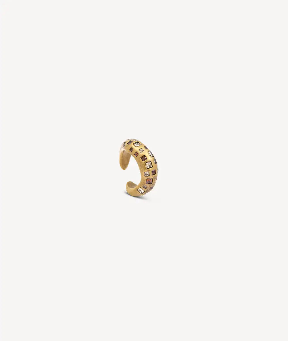 Round gold ear cuff with brown and champagne zirconia, vintage effect, RETSU VG