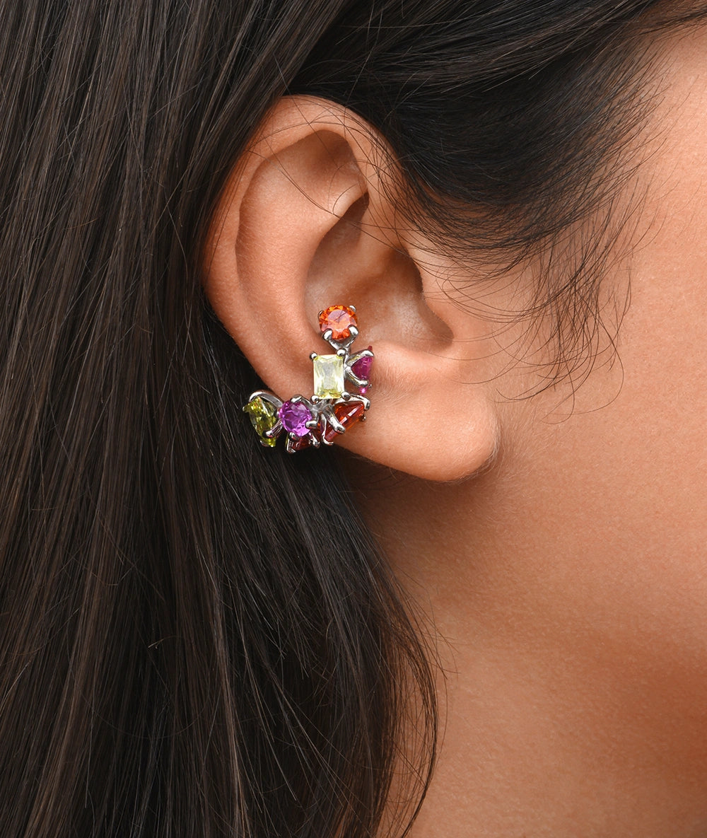 Ear cuff argenté pierres oranges, roses et vertes JAKI S C