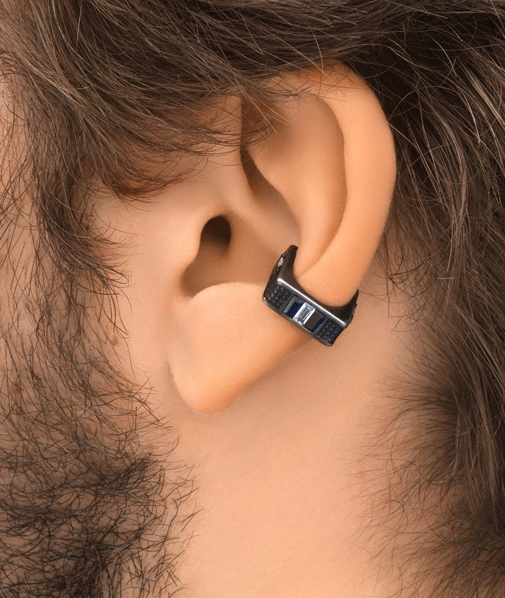 Ear cuff carré argenté et oxydes de zirconium noirs et blancs effet vintage SHINSEI VS
