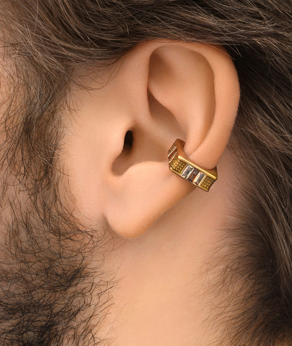 Ear cuff carré doré et oxydes de zirconium marrons et blancs effet vintage SHINSEI VG