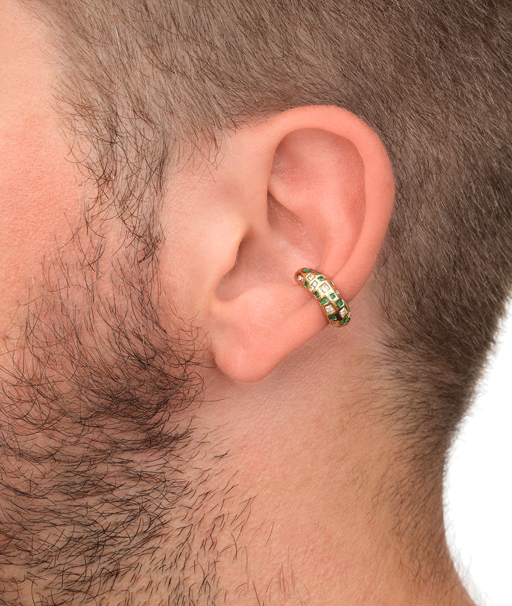 Ear cuff rond doré avec zircons verts et blancs RETSU POP G