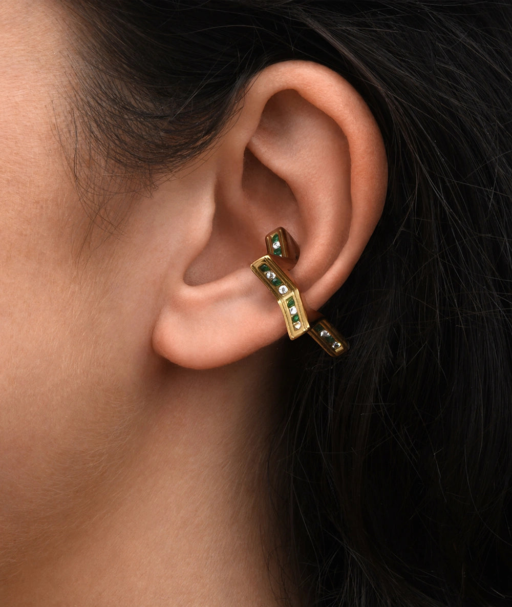 Ear cuff étoile doré et zirconiums verts et blancs ROKU POP G 4,5mm