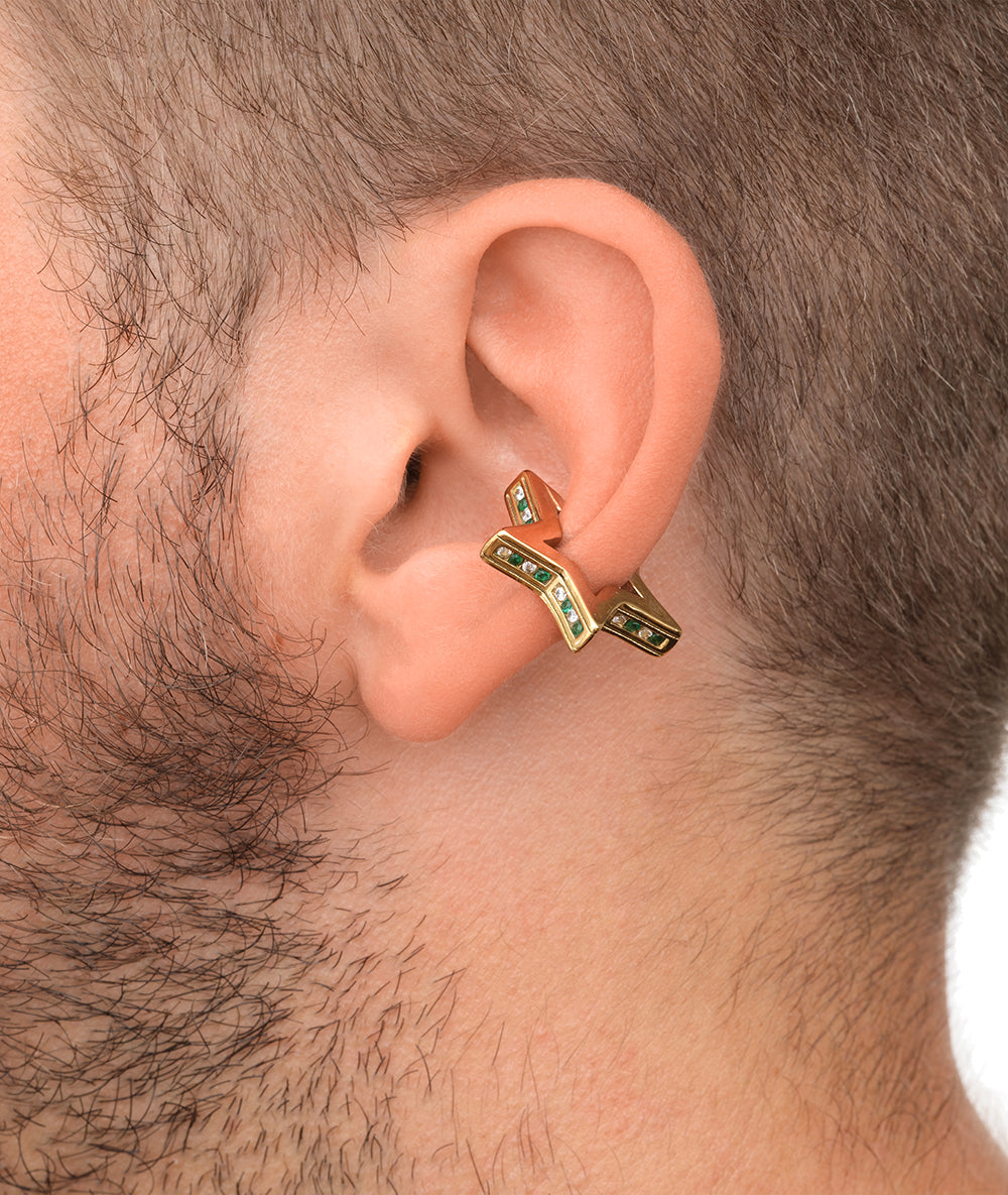 Ear cuff étoile doré et zirconiums verts et blancs ROKU POP G 4,5mm