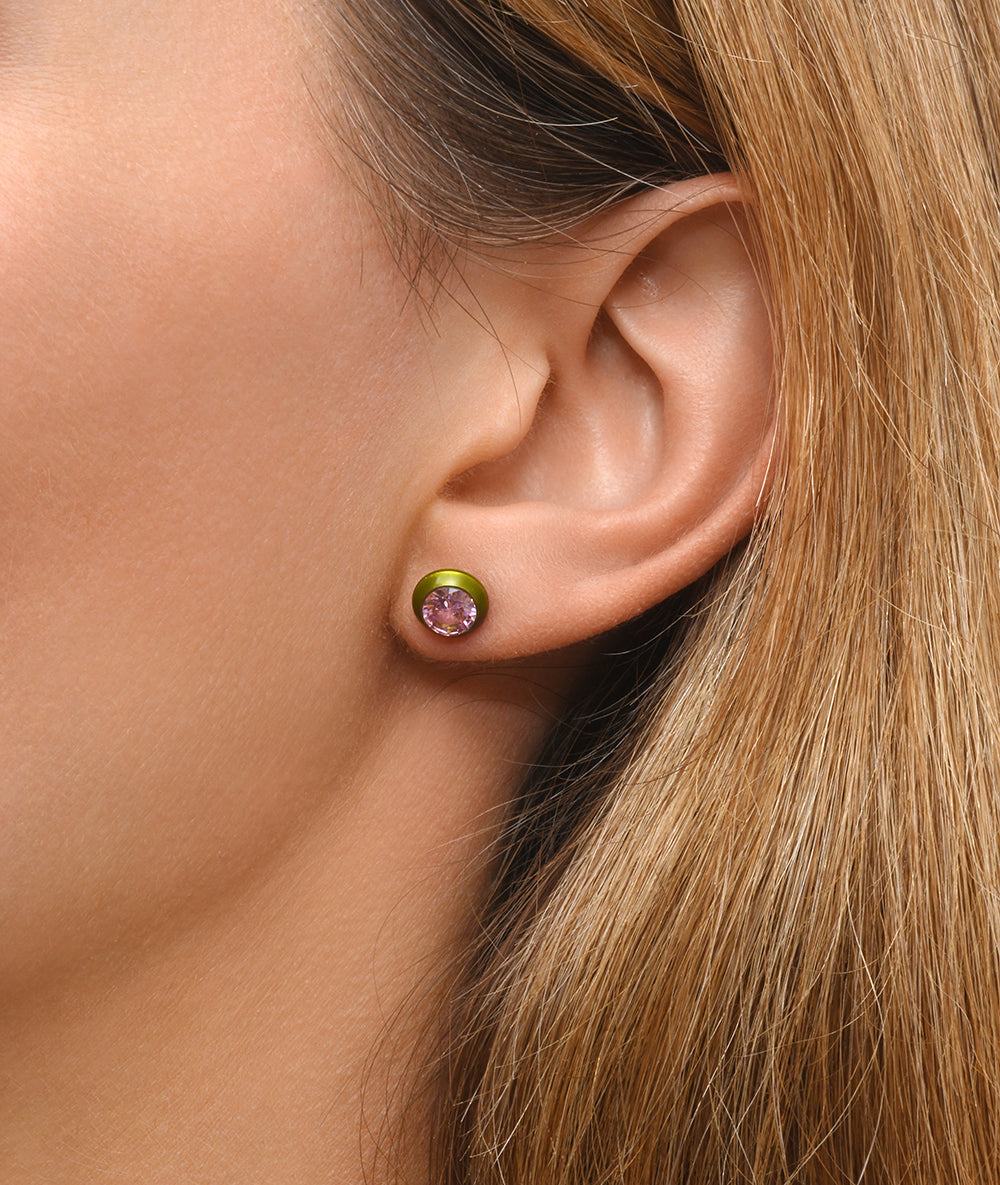 Boucle d'oreille puce vert citrus avec oxyde de zirconium rose LUCA C