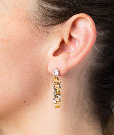 Boucle d'oreille chaîne et pierre pendante bicolore Mika Bi