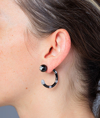 Cielo BS two-tone silver and black half hoop earring with zirconiums - YParis
